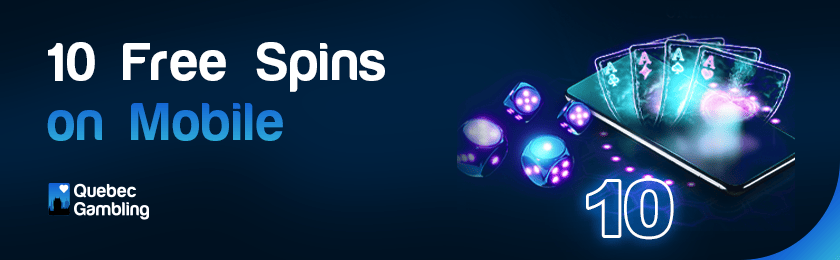 Mobile phone with cards and dice for 10 free spins on mobile