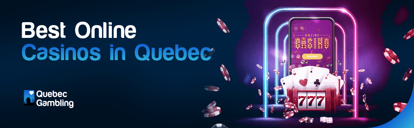 best online casinos in Quebec displayed on a mobile phone under neon lights with blackjack cards and slot reel