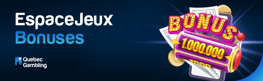 A million-dollar slot reels with cash and gold coins with EspaceJeux bonus logo