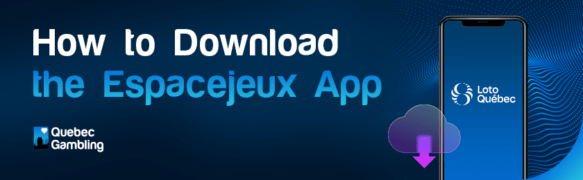 A mobile phone with Espacejeux logo and a cloud download sign shows how to download the Espacejeux app