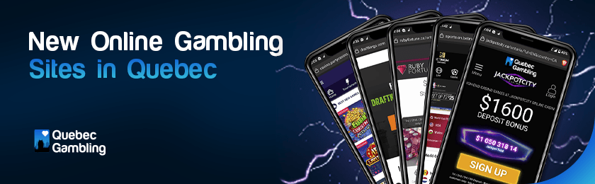 Five mobile phones displaying various new online gambling sites in Quebec