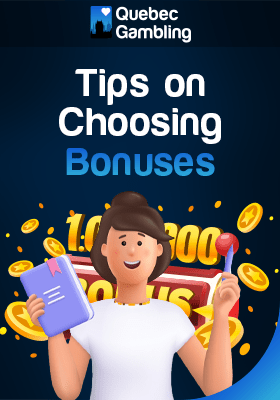 A woman holding a notebook and pen with casino coins behind her displaying tips on choosing bonuses