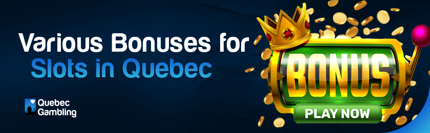 A crown on a bonus reel with a play now button representing various bonuses for slots in Quebec