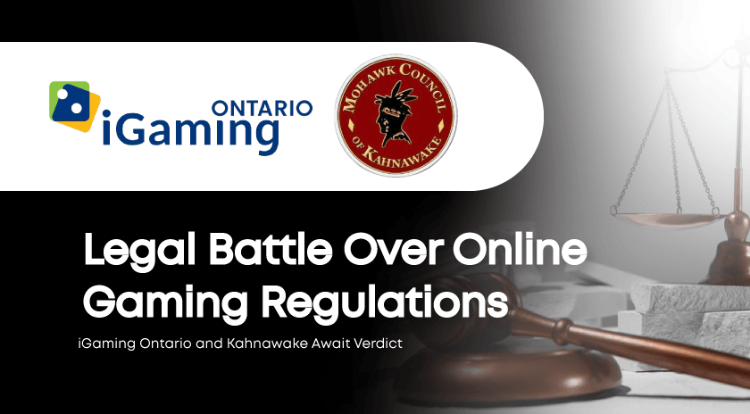 iGaming Ontario and Mohawk Council of Kahnawake banner depicting a legal battle over online gaming regulations with scales of justice.